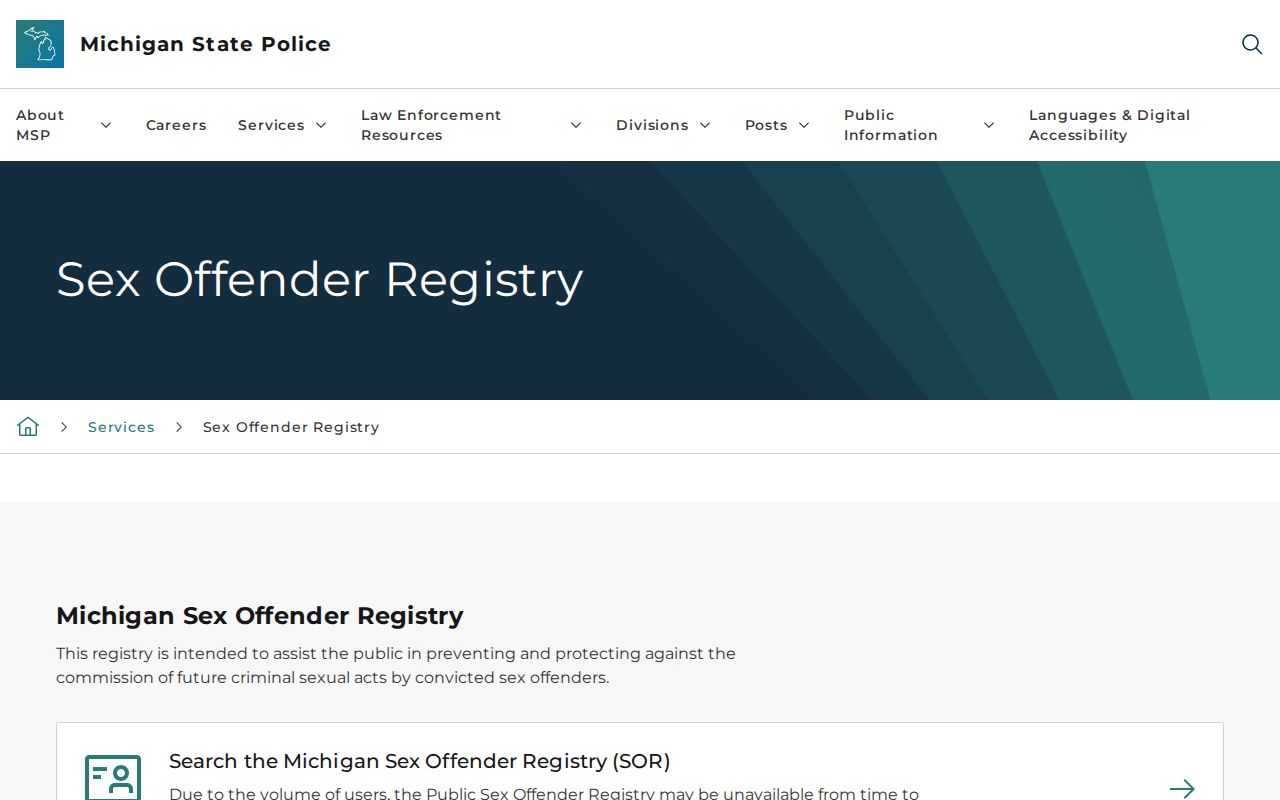 Frenchtown Township resident lookup Michigan State Police registry page